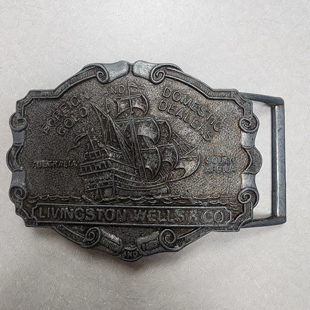 Vintage Livingston Wells & Co Gold Dealers Belt Buckle Wells Fargo Ship Boat
